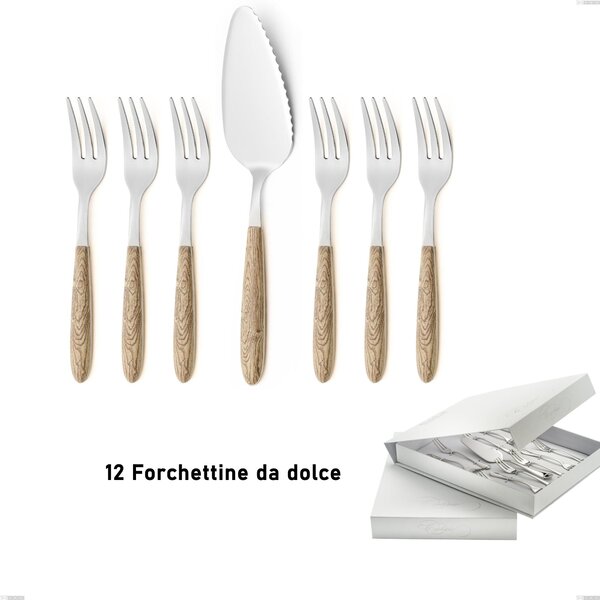 Confezione a libro 13 pezzi, forchettine pi� paletta dolce vero pino, acciaio 18.0 nickel free, manicatura pbt sublimato acciaio lucido