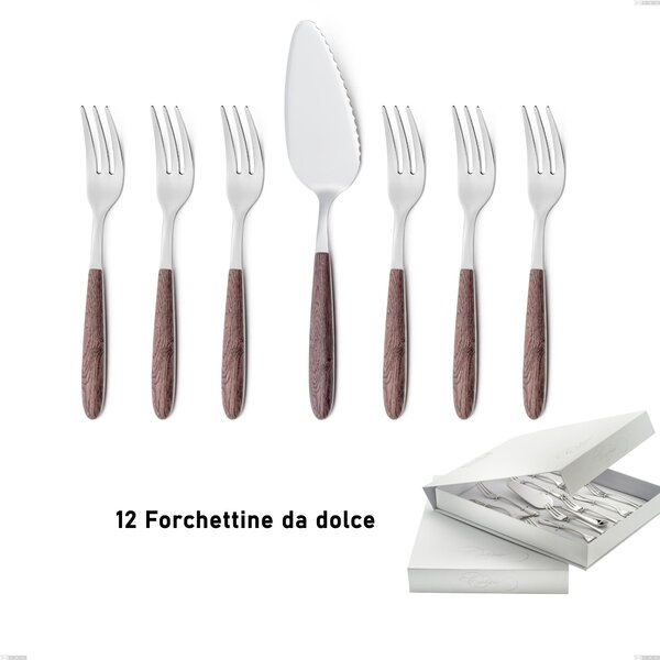 Confezione a libro 13 pezzi, forchettine pi� paletta dolce vero noce, acciaio 18.0 nickel free, manicatura pbt sublimato acciaio lucido