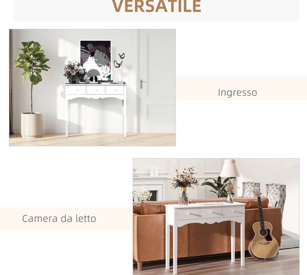 HOMCOM Tavolo Consolle Moderno da Ingresso in MDF con 3 Cassetti, 100x32x85 cm, Bianco