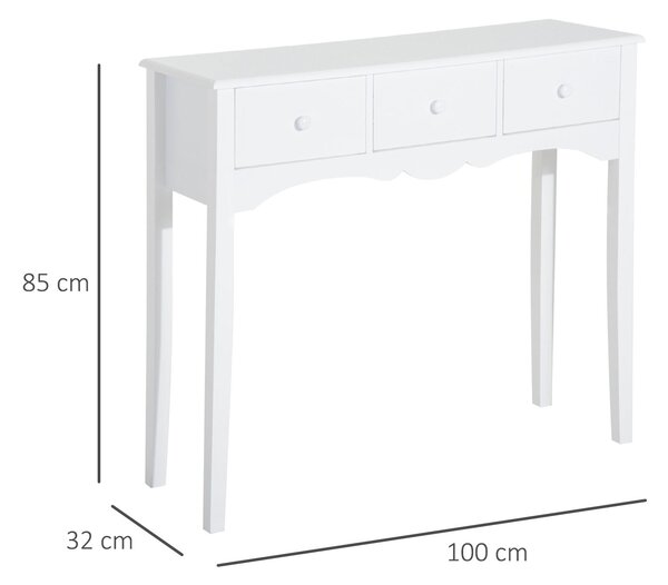 HOMCOM Tavolo Consolle Moderno da Ingresso in MDF con 3 Cassetti, 100x32x85 cm, Bianco