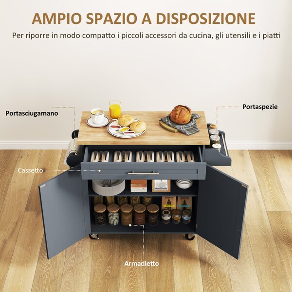 HOMCOM Carrello multiuso da Cucin con Cassetto, Portaspezie e Armadietto in Legno, 109x40x89 cm, Grigio e Color Legno | Aosom Italy