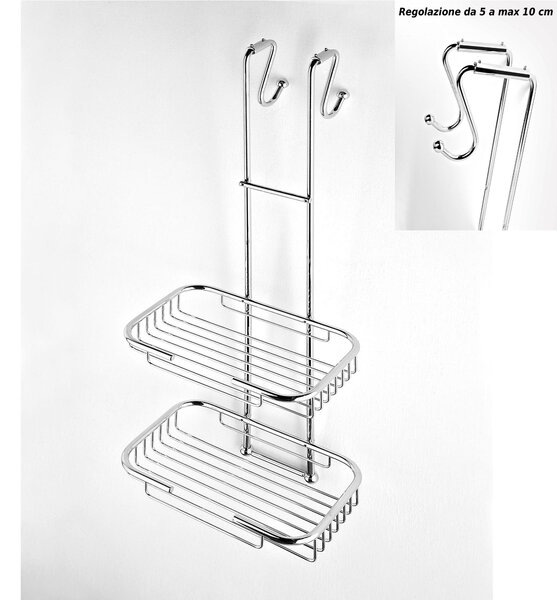 Griglia doccia rettangolare a due piani cromo 23x27,5xh68 cm con gancio regolabile da 5-10 cm bagno galvanico di oltre 22 micron inalterabile nel tempo