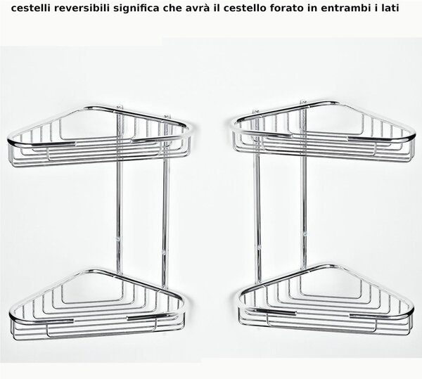 Angolare Doccia triangolare a due piani cromo 24x20xh30 cm con cestelli reversibili inox lucido fissaggio a muro viti e stop