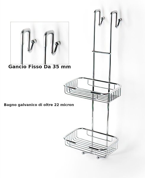 Griglia doccia rettangolare a due piani cromo 23x15,5xh68,5 cm con gancio Fisso 35 mm bagno galvanico di oltre 22 micron inalterabile nel tempo