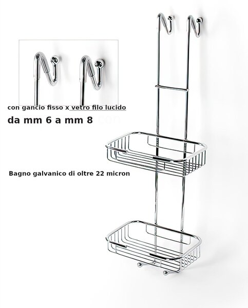 Griglia doccia rettangolare a due piani cromo 23x15,5x h68,5 cm con gancio Fisso x Docce a filo lucido spessore vetro 6 max 8 mm bagno galvanico di oltre 22 micron inalterabile nel tempo
