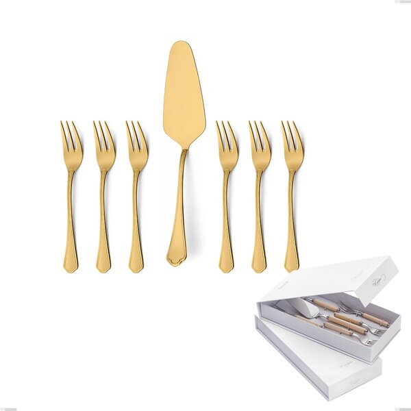 Confezione a libro 7 pezzi, forchettine pi� paletta dolce Domus Gold, Acciaio 18/10, spessore 3 mm