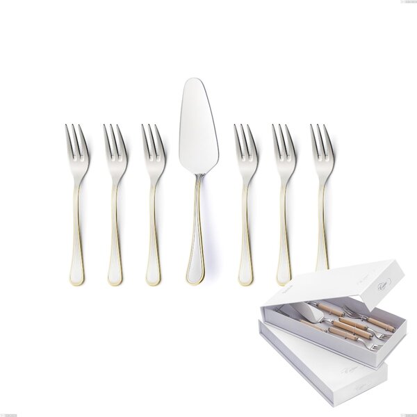Confezione a libro 7 pezzi, forchettine pi� paletta dolce Impero oro, acciaio 18-10, oro 24 carati lucido, spessore 2.5 mm