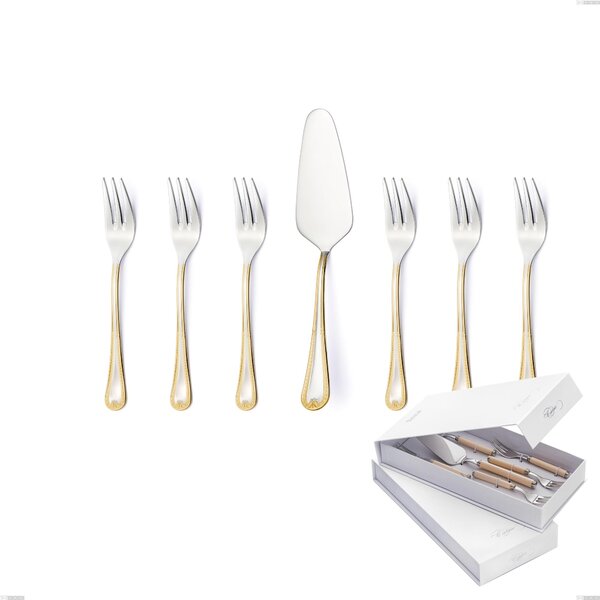 Confezione a libro 7 pezzi, forchettine pi� paletta dolce Firenze oro, acciaio 18-10, oro 24 carati , spessore 2.5 mm