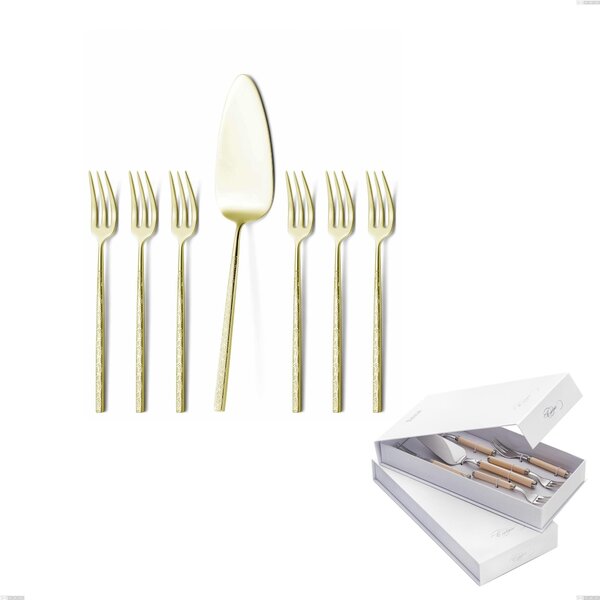 Confezione a libro 7 pezzi, forchettine pi� paletta dolce Kyoto Origami Tin Gold, Acciaio inox (Aisi 304) trattamento pvd acciaio lucido