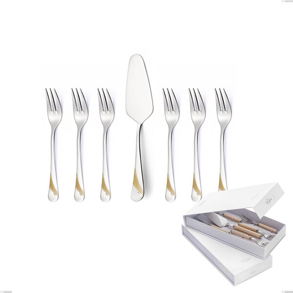 Confezione a libro 7 pezzi, forchettine pi� paletta dolce Milano Inciso Oro , 18/10 (AISI304) finitura inox lucido e oro, spessore 2,5 mm
