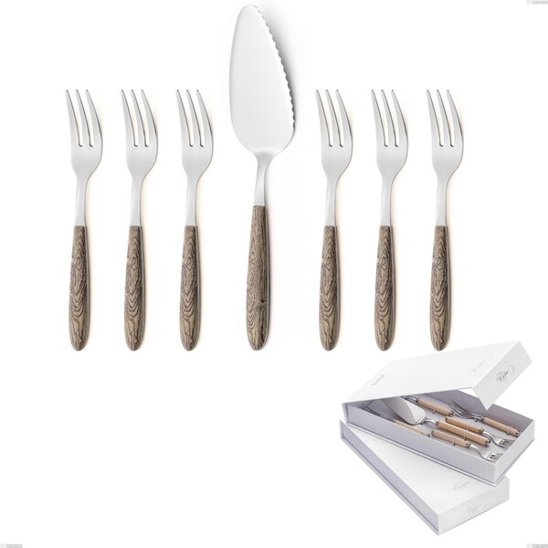 Confezione a libro 7 pezzi, forchettine pi� paletta dolce vero larice, acciaio 18.0 nickel free, manicatura pbt sublimato acciaio lucido