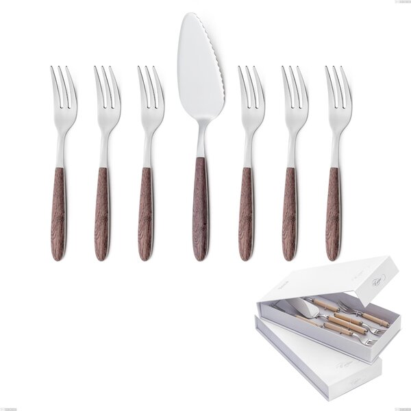 Confezione a libro 7 pezzi, forchettine pi� paletta dolce vero noce, acciaio 18.0 nickel free, manicatura pbt sublimato acciaio lucido
