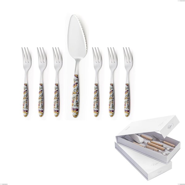 Confezione a libro 7 pezzi, forchettine pi� paletta dolce vero butterfly, acciaio 18.0 nickel free, manicatura pbt sublimato acciaio lucido