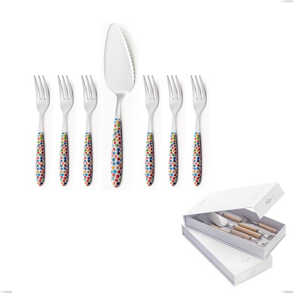 Confezione a libro 7 pezzi, forchettine pi� paletta dolce vero coriandoli, acciaio 18.0 nickel free, manicatura pbt sublimato acciaio lucido