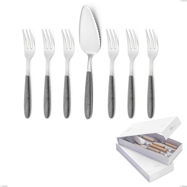 Confezione a libro 7 pezzi, forchettine pi� paletta dolce vero olmo grigio, acciaio 18.0 nickel free, manicatura pbt sublimato acciaio lucido