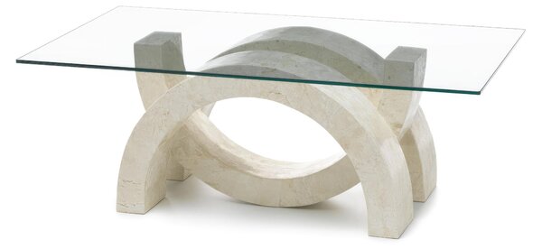 Tavolino Olimpia Stone Decor E5 - 120x70xH41 cm, Vetro Trasparente, Gambe Beige in Pietra Fossile White Agata, Top in Vetro Temperato Filo Lucido