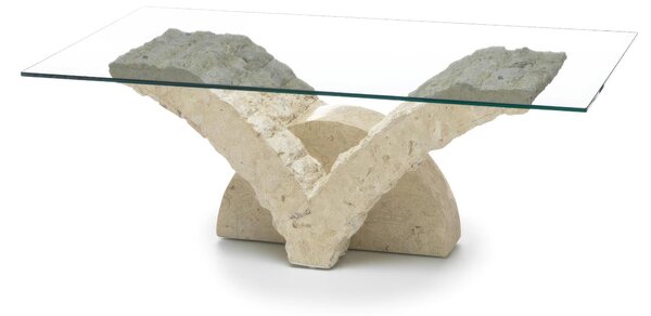 Tavolino Stone Decor E5 120x70xH40 cm, Vetro trasparente, Top in Vetro temperato filo lucido, Base in Pietra fossile white agata, Struttura Gambe in Compensato marino