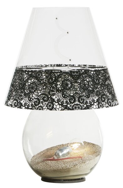 Lampada da Tavolo per interno in vetro BOMBONNE MINI � 46xh 68 cm -peso 13.5 Paralume in Policarbonato trasparente traforato Pizzo nero