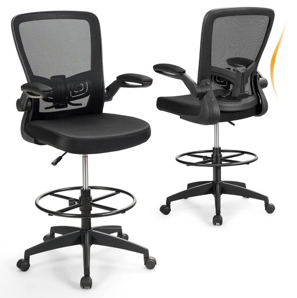 Costway Sedia girevole con altezza regolabile braccioli a ribalta anello poggiapiedi, Sedia da ufficio 68x68x108-128cm Nero