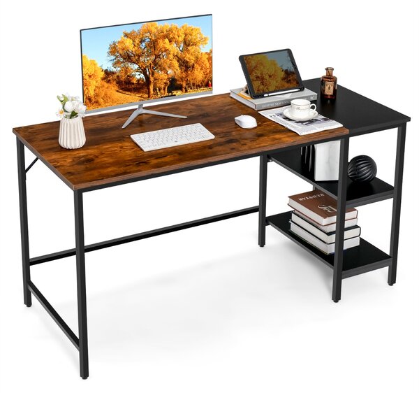 Costway Scrivania per computer 140cm con ripiani e schede di giunzione telaio in acciaio, Scrivania PC industriale Marrone