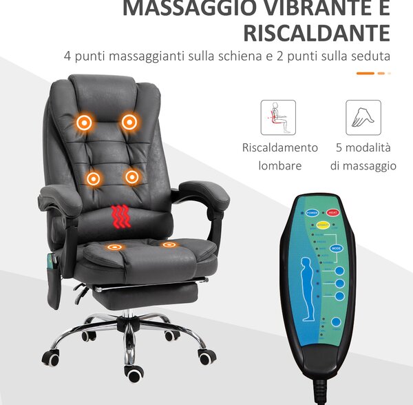 Vinsetto Poltrona da Ufficio Massaggiante e Reclinabile con Riscaldamento e Altezza Regolabile, Grigio|Aosom