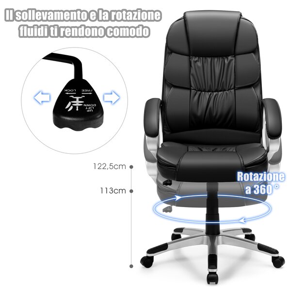 Costway Sedia girevole da ufficio, Sedia ergonomica con cuscino spesso e braccioli imbottiti, Nero