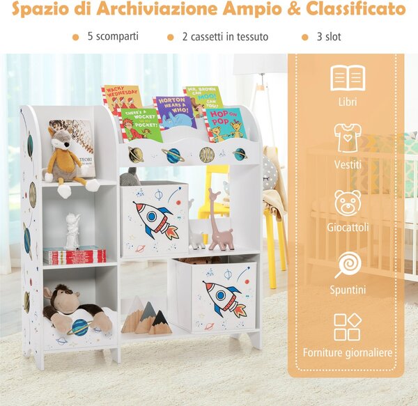 Costway Armadio con 3 livelli e 5 scompartimenti per bambini, Organizer con 2 cassetti per giocattoli e libri Bianco
