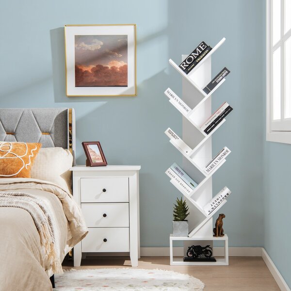 Costway Scaffale ad albero a 10 ripiani con cassetto, Scaffale da terra per camera da letto soggiorno e ufficio Bianco
