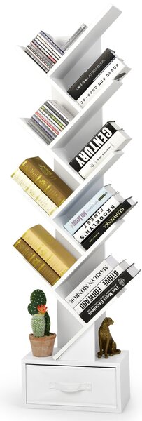 Costway Scaffale ad albero a 10 ripiani con cassetto, Scaffale da terra per camera da letto soggiorno e ufficio Bianco