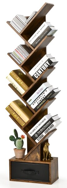 Costway Scaffale ad albero a 10 ripiani con cassetto, Scaffale da terra per camera da letto soggiorno e ufficio Marrone