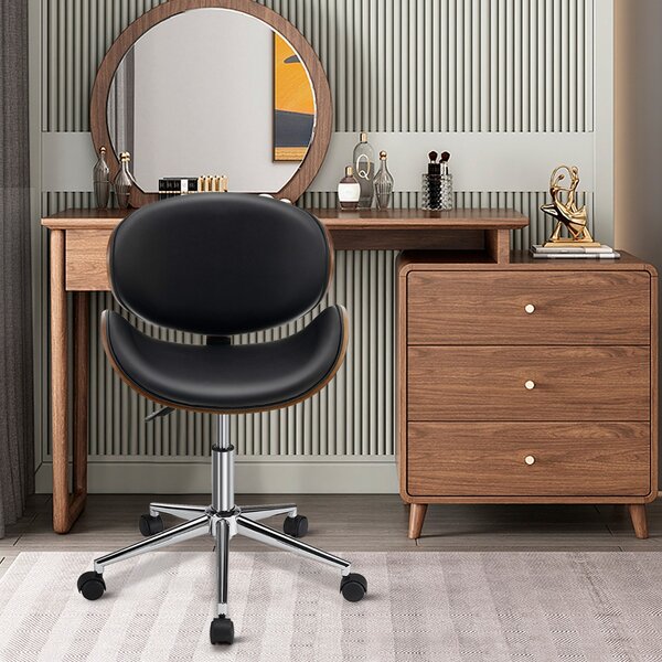 Costway Sedia in legno curvato per scrivania con sedile girevole e altezza regolabile, Sedia mid-century con ruote Nero