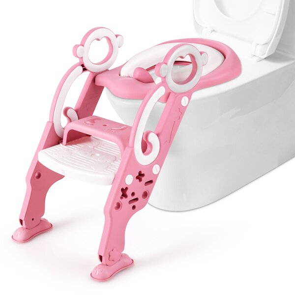 Costway Scaletta regolabile e pieghevole per WC, Sgabello imbottito con scala maniglie per bambini e bambine Rosa