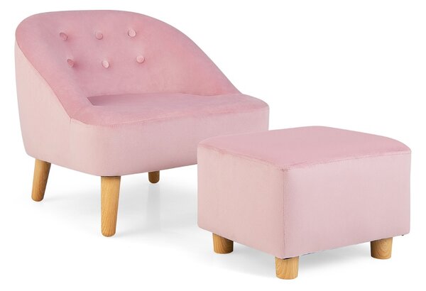 Costway Poltrona singola con sgabello abbinato per bambini in velluto olandese, Set di divano e pouf per la stanza Rosa