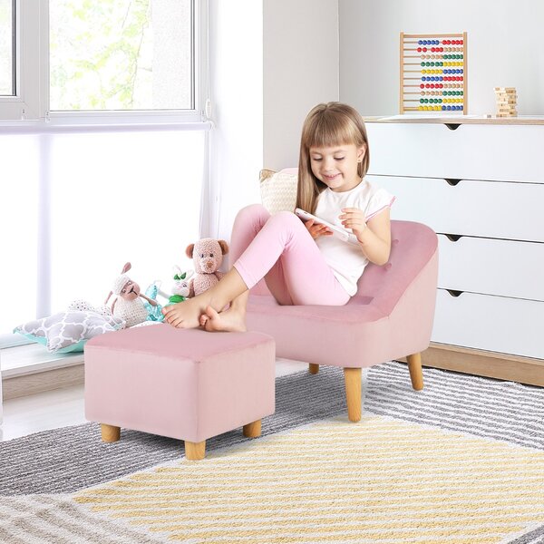 Costway Poltrona singola con sgabello abbinato per bambini in velluto olandese, Set di divano e pouf per la stanza Rosa