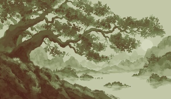 Carta da parati Albero con un fiume e le montagne, Carta da parati Natura giardini giapponesi, Carta da parati popolare, t01034v2 - Tapeko.it