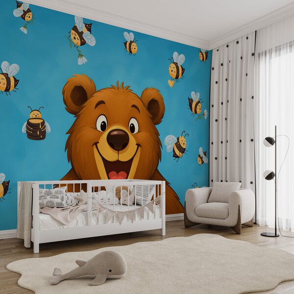 Carta da parati Orso dei cartoni animati con delle api che gli volano intorno, Carta da parati per Bambini, Carta da parati popolare, w03969 - Tapeko.it