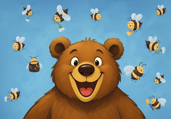 Carta da parati Orso dei cartoni animati con delle api che gli volano intorno, Carta da parati per Bambini, Carta da parati popolare, w03969 - Tapeko.it