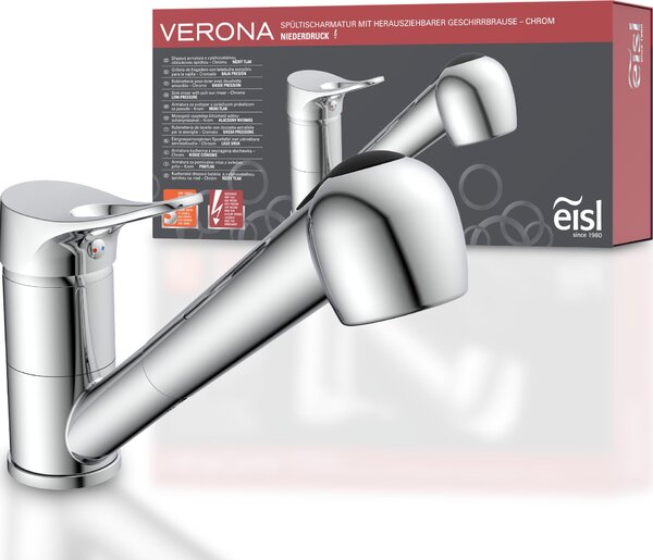 Rubinetto da cucina eisl VERONA con doccetta, rubinetto da cucina a bassa pressione, rubinetto da cucina girevole a 360° cromato