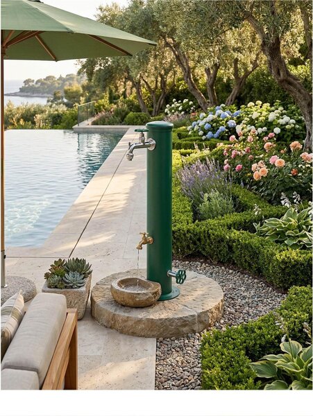 Fontanella in ferro bel-fer 42/arrf doppio rubinetto con ghiera rubinetto in tinta con la fontana Dimensioni 30x16xh 85 cm - peso 3,8 kg con tubo rubinetto, Garantita contro la ruggine Colore VERDE