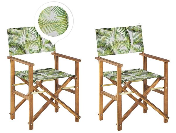 Set di 2 sedie da regista da giardino in legno chiaro con motivo a foglie tropicali di acacia grigia pieghevoli con 2 Tele intercambiabili Beliani