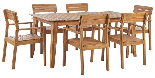 Set da pranzo da giardino Tavolo in legno di acacia chiaro 180 x 90 cm 6 sedie da esterno con braccioli stile rustico Beliani