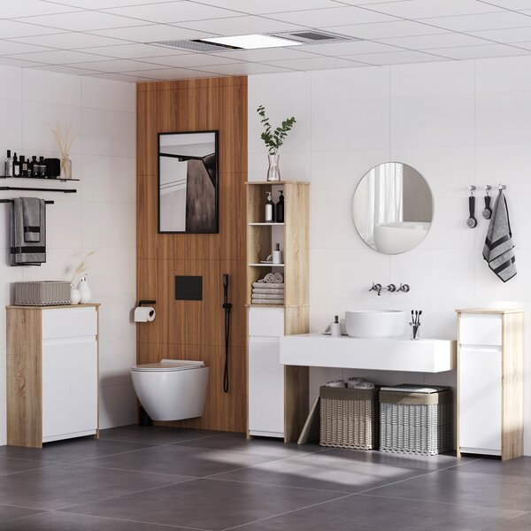 Kleankin Mobile Colonna Bagno con Armadietto, Cassetto e 3 Ripiani Aperti, in Legno, 32.6x30x171.2cm, Bianco|Aosom
