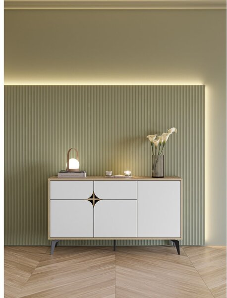 Cassettiera bassa in rovere decorata in bianco e naturale 140x79 cm Nola - Marckeric