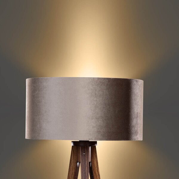 Lampada da terra a treppiede in legno di noce con paralume in velluto taupe 50 cm - Tripod Classic
