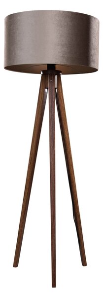 Lampada da terra a treppiede in legno di noce con paralume in velluto taupe 50 cm - Tripod Classic