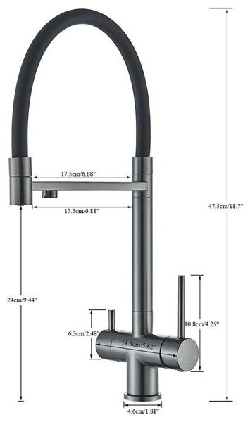 Miscelatore per cucina con filtro dell'acqua - Miscelatore con doppio beccuccio - Rotazione a 360° - Doccetta estraibile - Acqua calda e fredda - Monocomando - Installazione monoblocco - Corpo in ottone spazzolato - Grigio