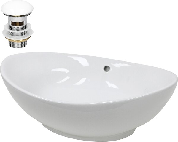 Lavabo LuxeBath Lavabo da appoggio ovale, 59x39x20 cm, bianco, Vetroceramica, incl. set di scarico con troppopieno