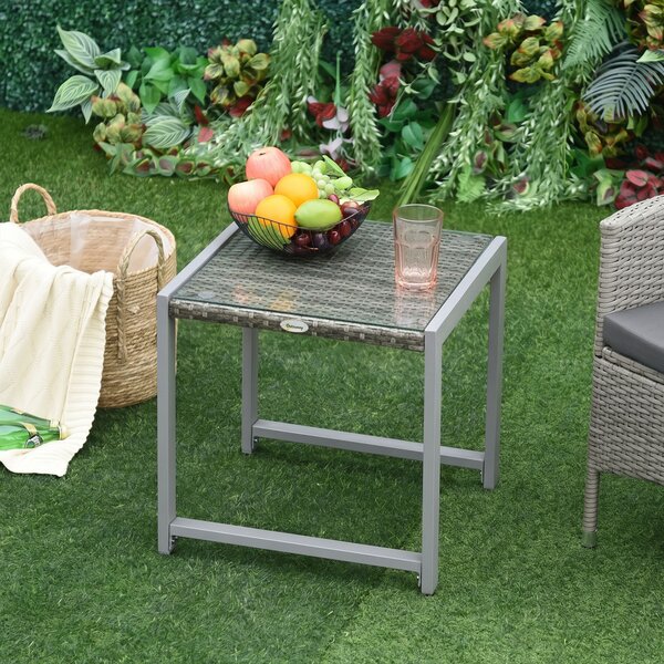 Outsunny Tavolino da Esterno con Struttura in Alluminio e PE Rattan e Piano in Vetro Grigio 50x50x50cm|Aosom