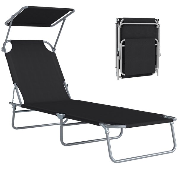 Outsunny Lettino Prendisole Reclinabile su 4 Livelli con Tettuccio, Sdraio Giardino in Tessuto Nero, Lettino da Esterno, 187x58x36cm | Aosom Italy