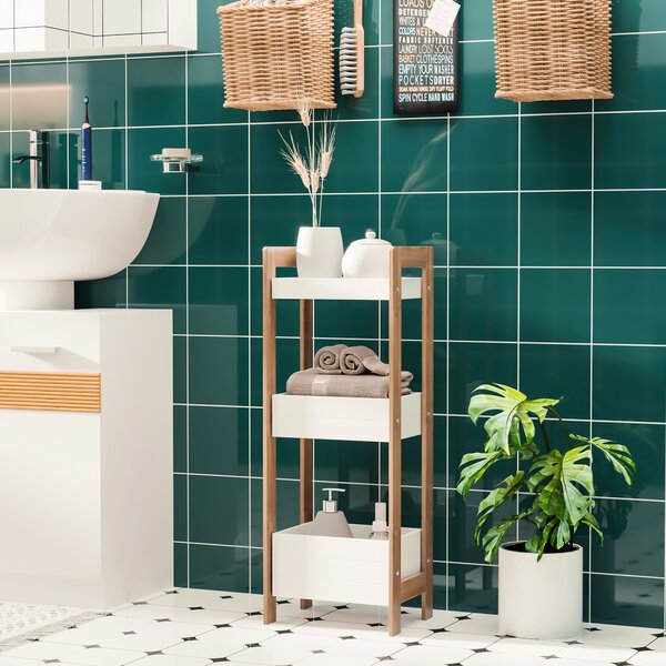 HOMCOM Mobiletto Bagno Multiuso Scaffale a 3 Ripiani Compatto in Legno MDF e Bambù, Bianco, 27.5x20.8x74cm|Aosom